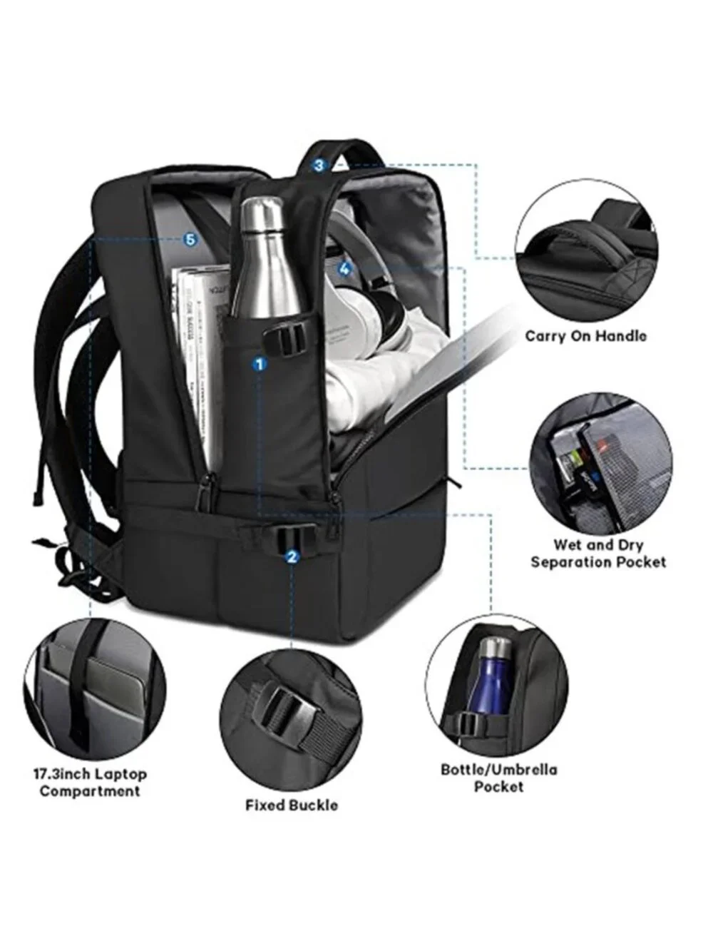 Travel Backpack Carry On 17 Inch Laptop Bag Waterproof USB Charging Anti Theft